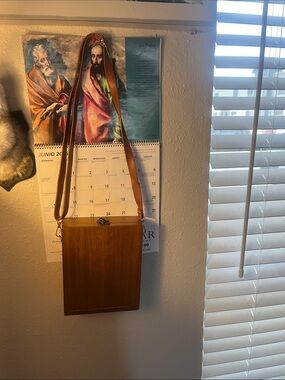Vintage Wooden Box Crossbody with Leather Strap - Brown